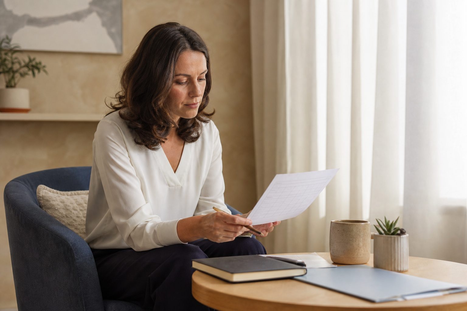 Therapist reviewing a printed client schedule at a table in a bright studio
