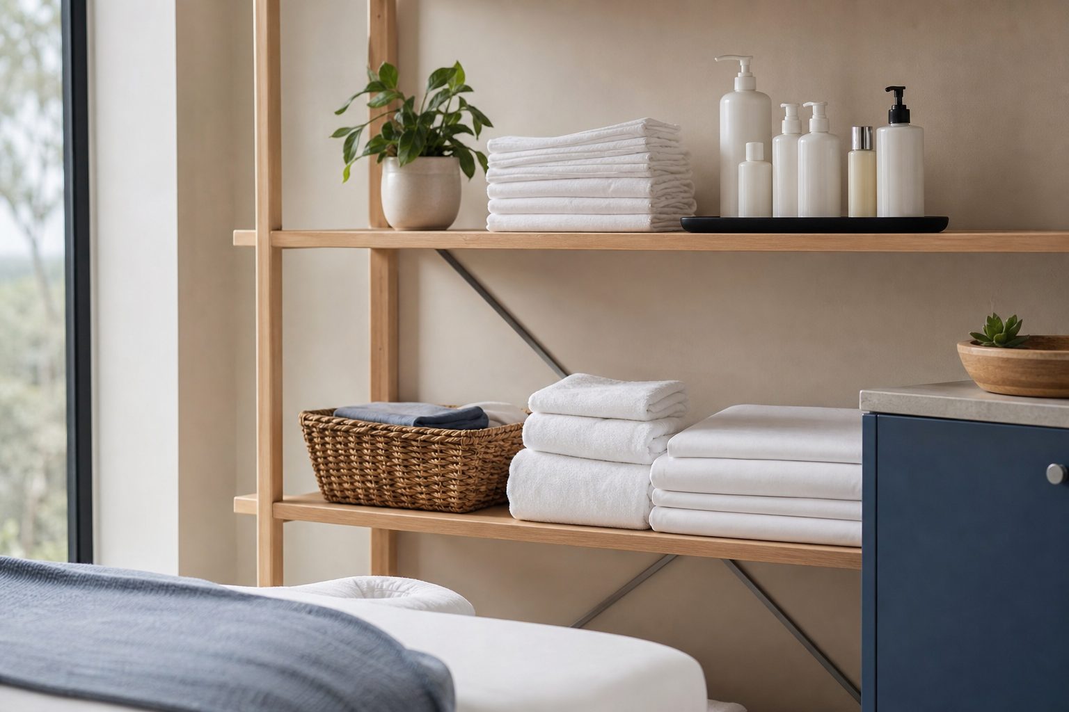 Tidy studio shelf with folded white linens and supply bottles in bright daylight