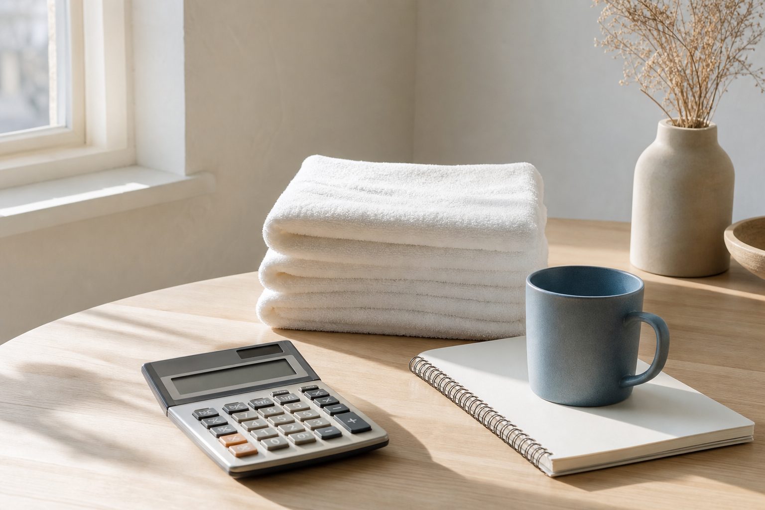 Calculator and notebook beside folded white towels on a sunlit wooden table