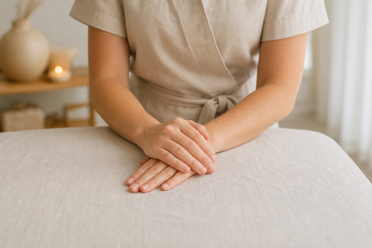 Therapist's hands and forearms resting on a linen covered massage table in soft light