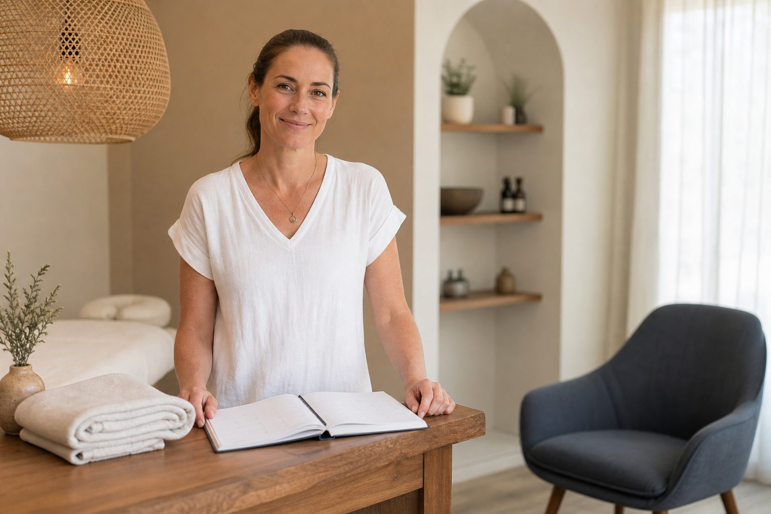 Massage therapist at a small studio reception desk with an open appointment book in soft daylight