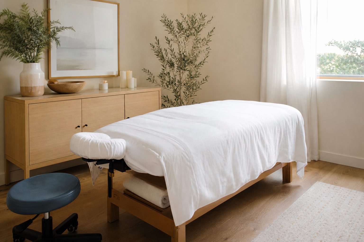 Empty bright massage treatment room with a linen draped table and soft window light
