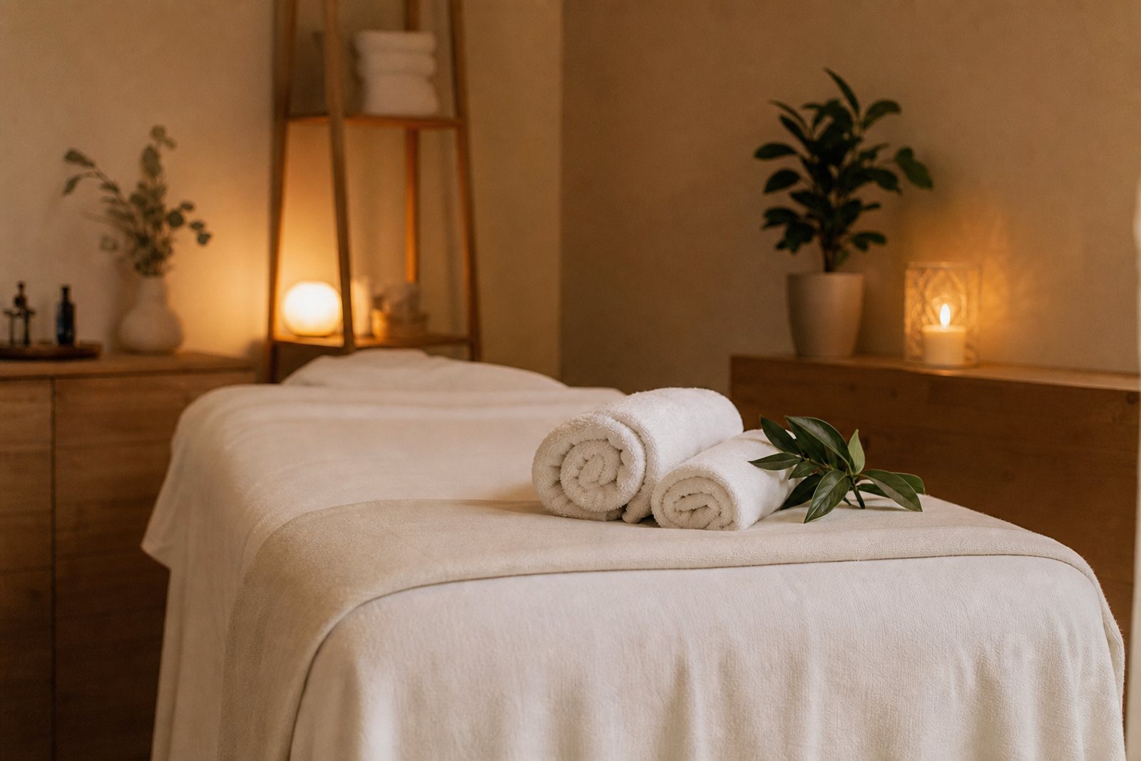 A quiet massage room with a made table, rolled towels, a small plant and a lit candle in warm daylight